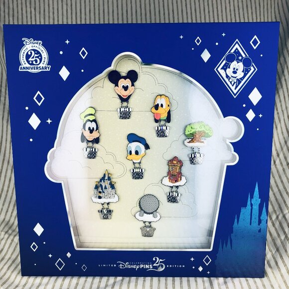 25 Years of Disney Pin Trading Up Up and Away Acrylic Stand 8-Pin Set LE 250 - Picture 1 of 3